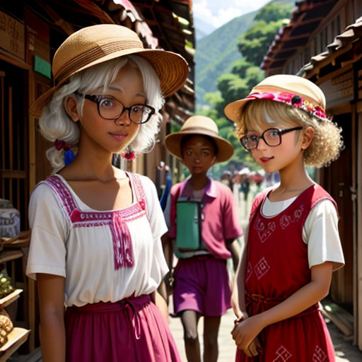 two young girls in red dresses and hats standing in front of a store with other children in the background