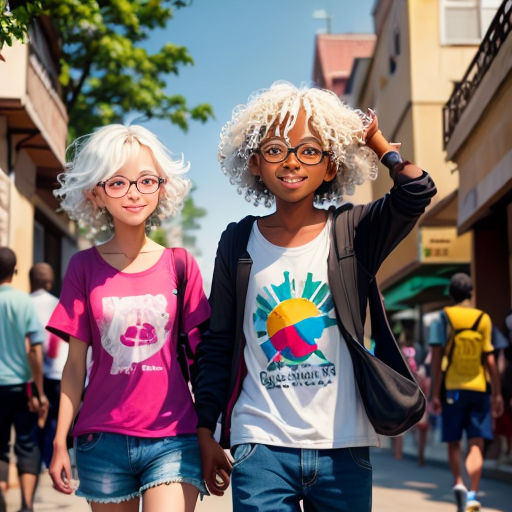 two young girls walking down a street with their hands in the air and one girl with curly hair and glasses