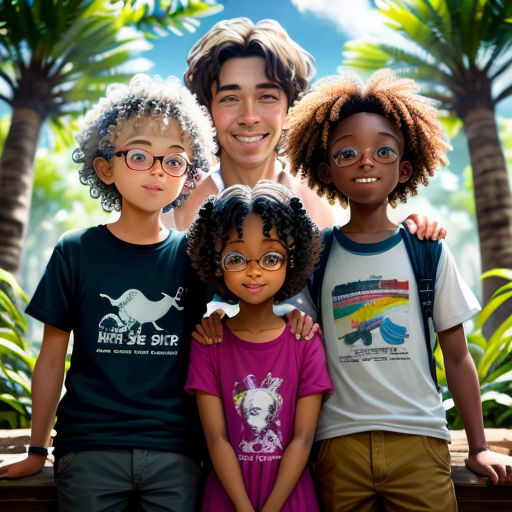 a group of kids standing next to each other in front of palm trees and a sky background with a rainbow