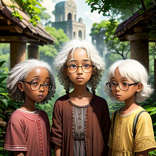 three children standing next to each other in front of a forest with a building in the background and trees
