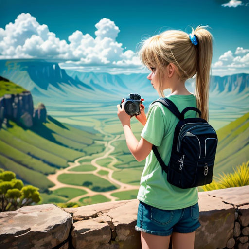 a girl with a backpack is looking at a landscape with mountains and valleys and a road on the horizon
