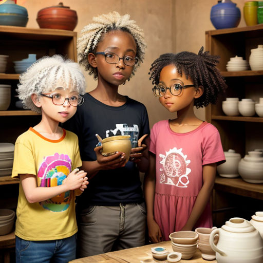 three children standing in front of a pottery display case holding a bowl and a bowl in their hands and looking at the camera