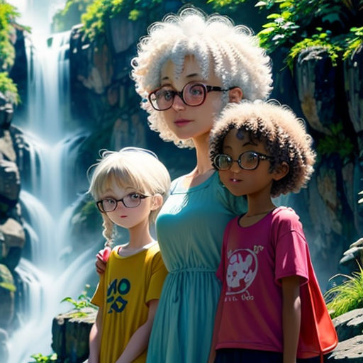 a woman and two children standing in front of a waterfall with a waterfall behind them and a waterfall behind them