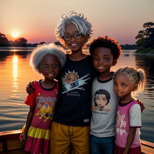 a woman and three children are standing on a boat in the water at sunset or dawn, with the sun setting behind them