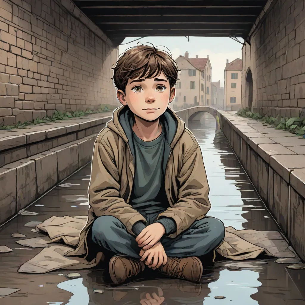 a boy sitting on the ground in a tunnel with a puddle of water in front of him and a building in the background, art & language, a character portrait, Cliff Childs, graphic novel