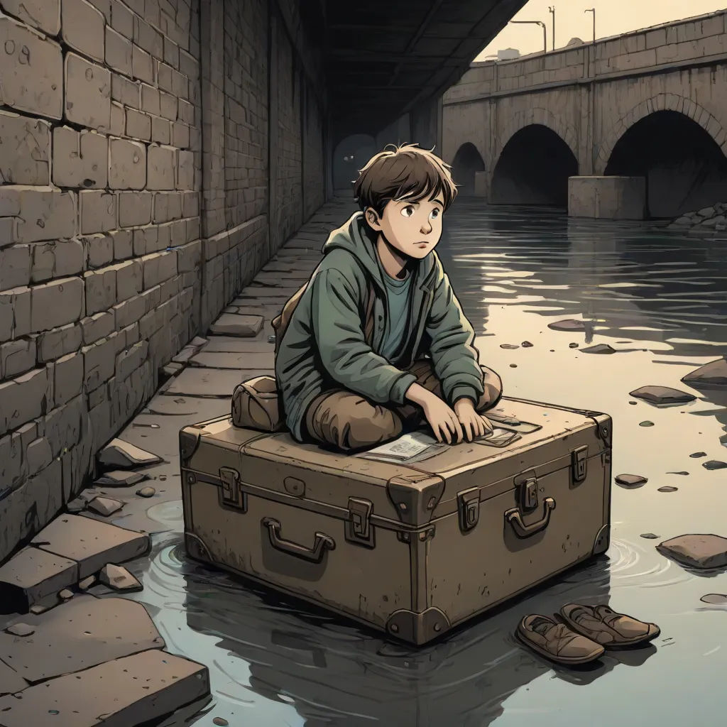 a boy sitting on a suitcase in a flooded area with a bridge in the background and a pair of shoes on the ground, context art, a comic book panel, Asaf Hanuka, graphic novel