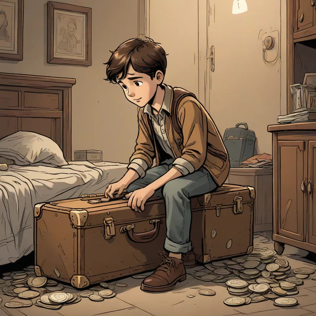 Ben opened the suitcase only to find that it was empty. Disappointed, he decided to store his last coin in it, hoping for a miracle.