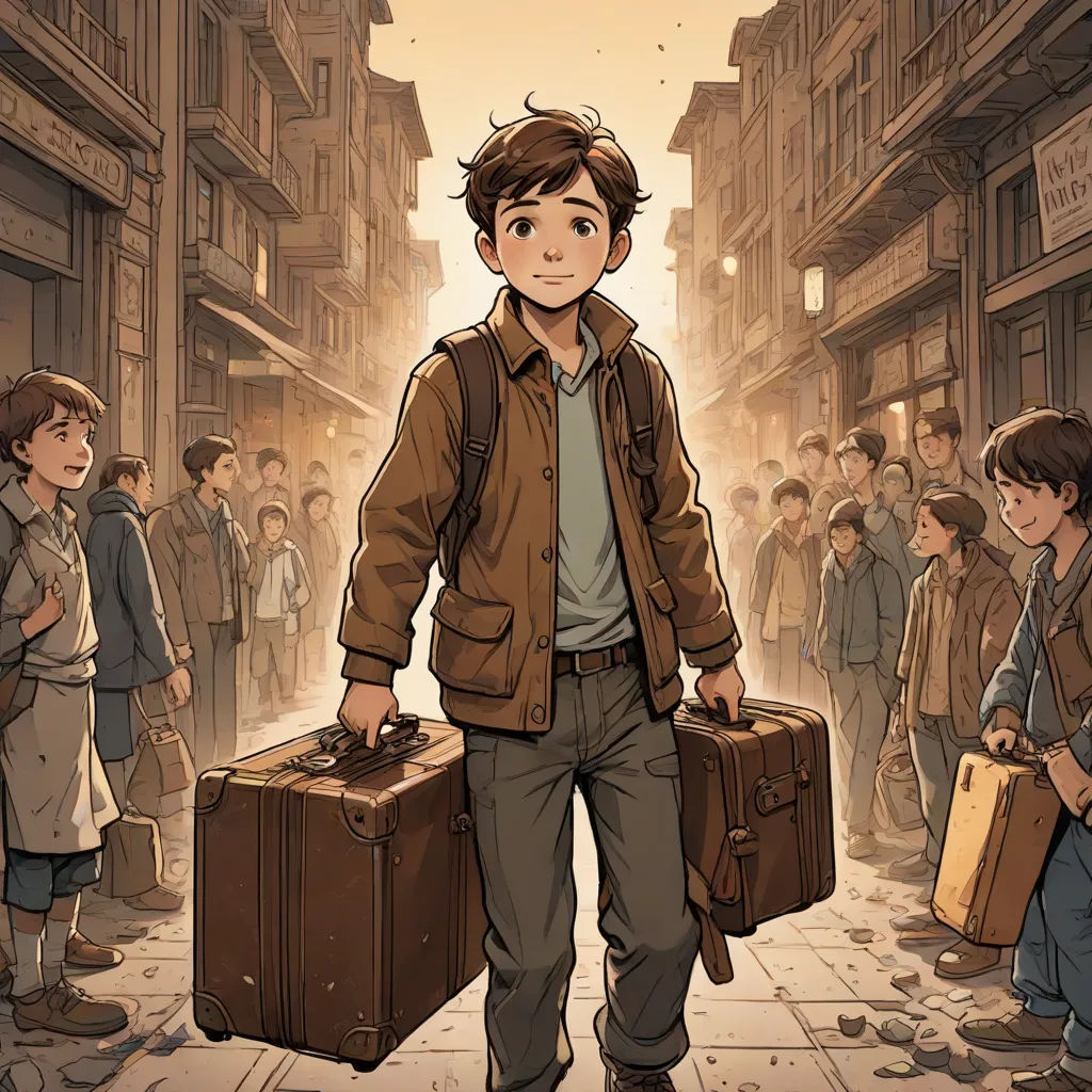 a man with two suitcases walking down a street with people standing around him and a crowd of people standing around him, magical realism, a comic book panel, Asaf Hanuka, cushart krenz