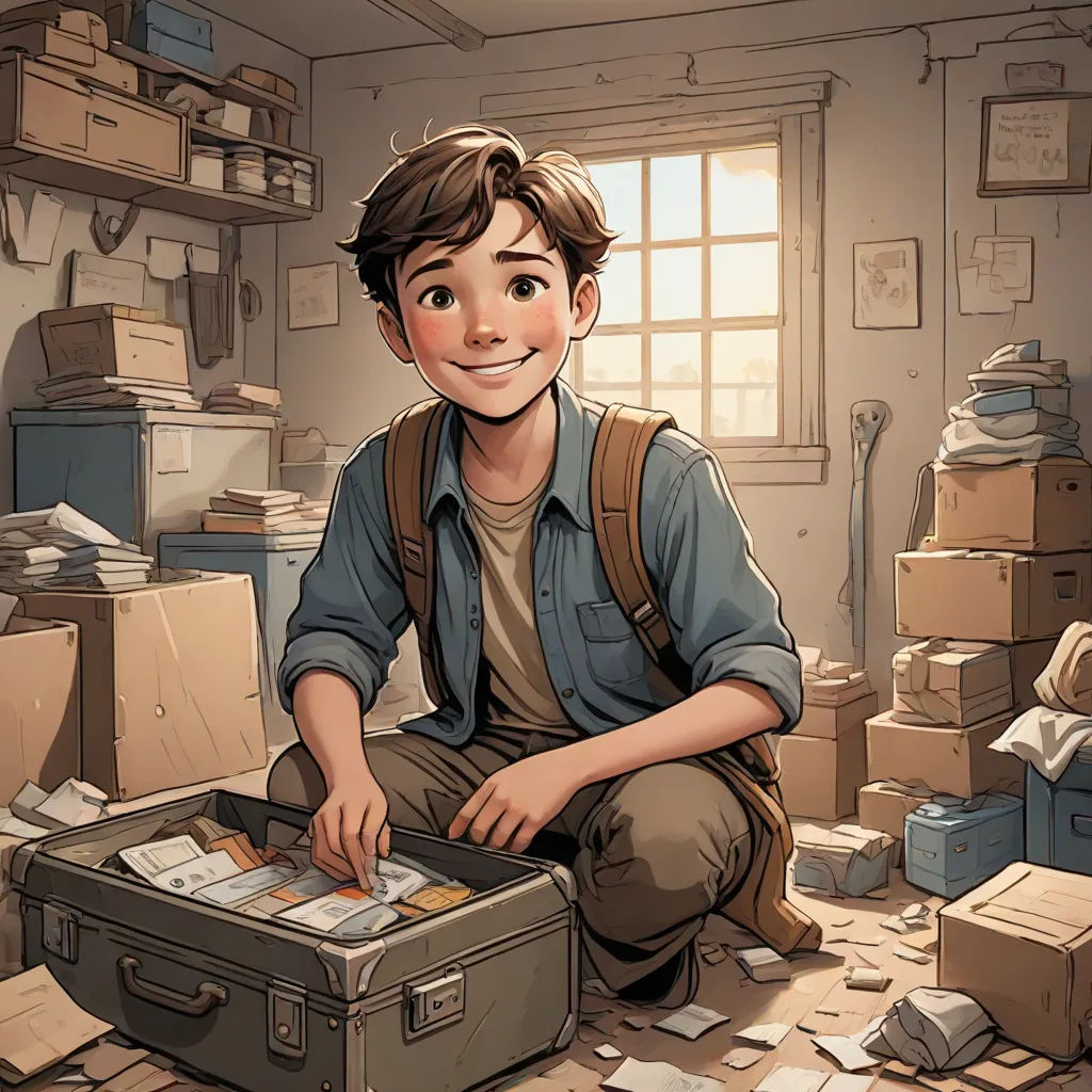 a boy sitting on the floor with a suitcase in front of him and boxes around him and a window, process art, a comic book panel, Cliff Childs, rossdraws global illumination