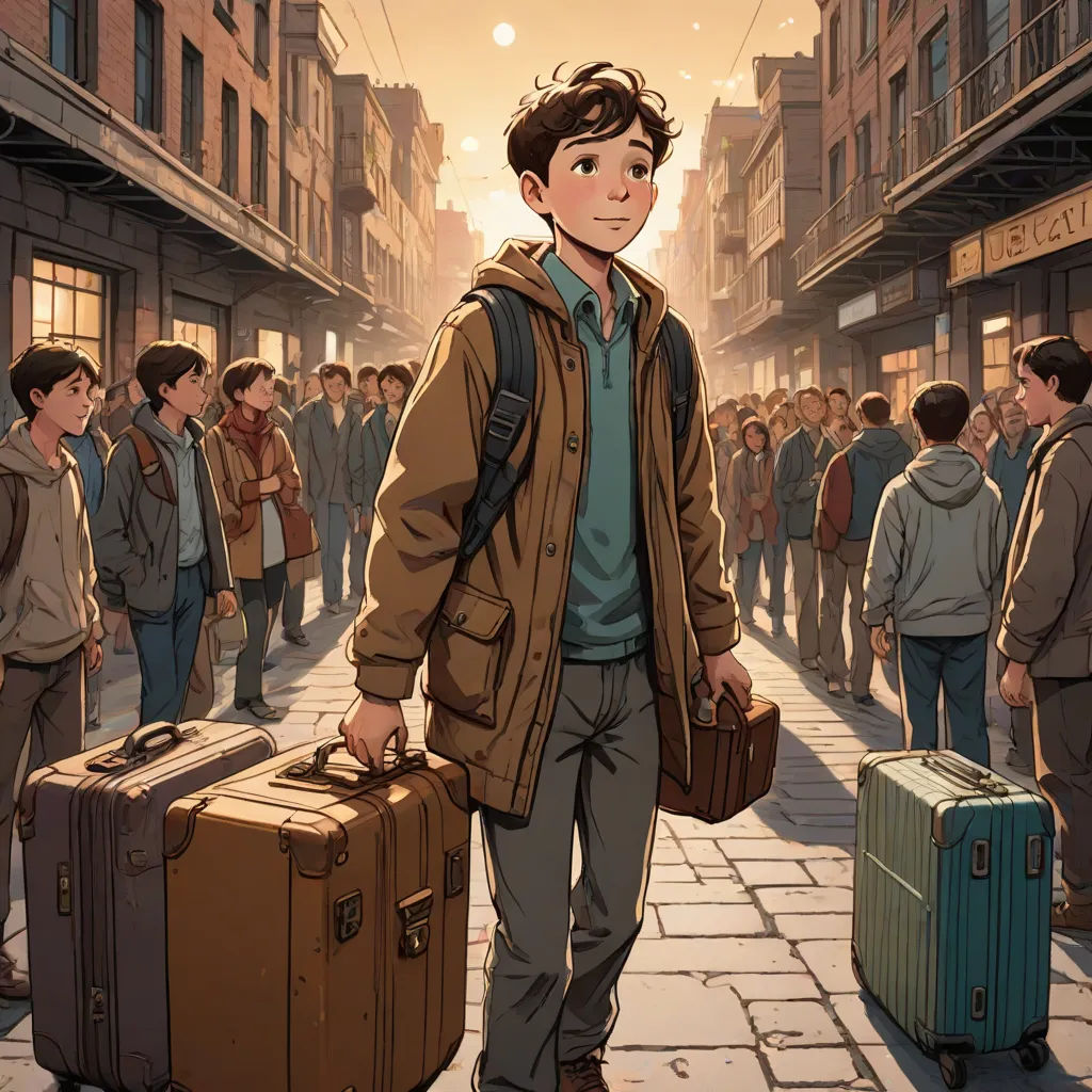 a man is standing in the middle of a crowded street with luggage and a suitcase in his hand and a crowd of people walking around him, magical realism, a comic book panel, Asaf Hanuka, yukito kishiro