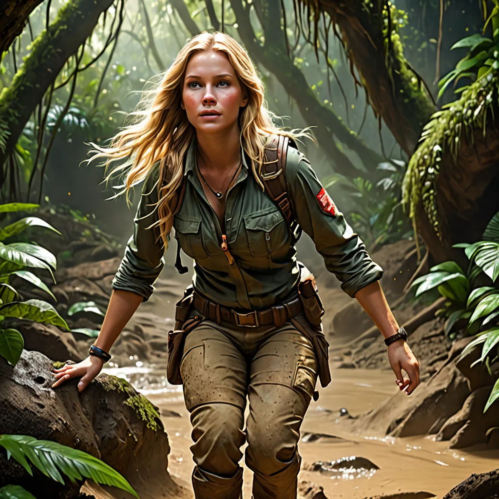 a woman in a jungle walking through a jungle area with a rock and tree trunk in the foreground, sumatraism, poster art, Aleksi Briclot, promotional image