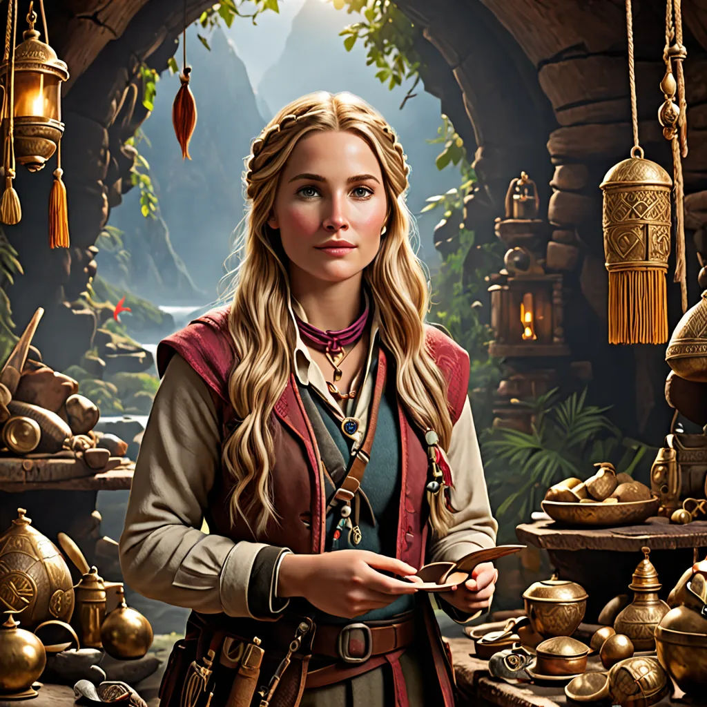 a woman in a fantasy setting holding a phone in her hand and looking at the camera with a smile, fantasy art, a detailed matte painting, Drew Struzan, promotional image