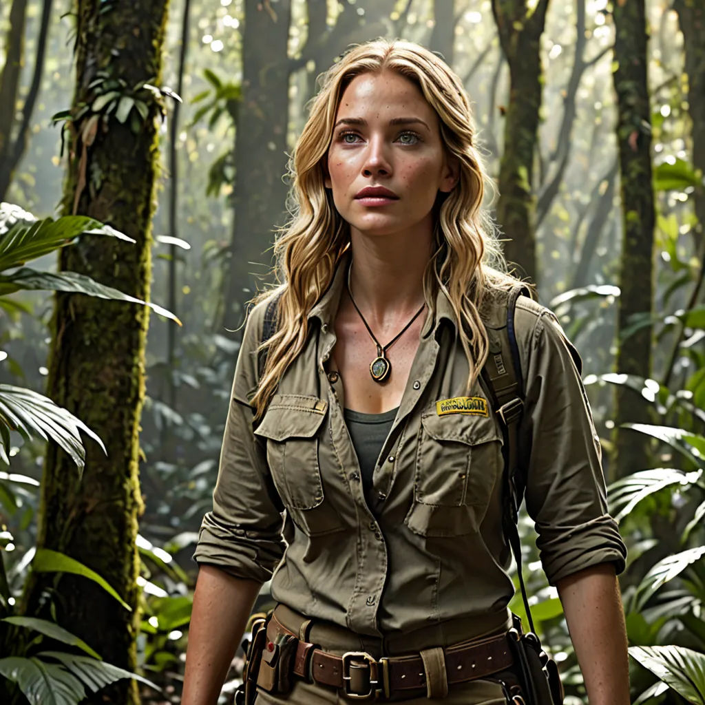 a woman in a jungle with a gun in her hand and a jungle background with trees and plants in the foreground, naturalism, a character portrait, Constance-Anne Parker, promotional image