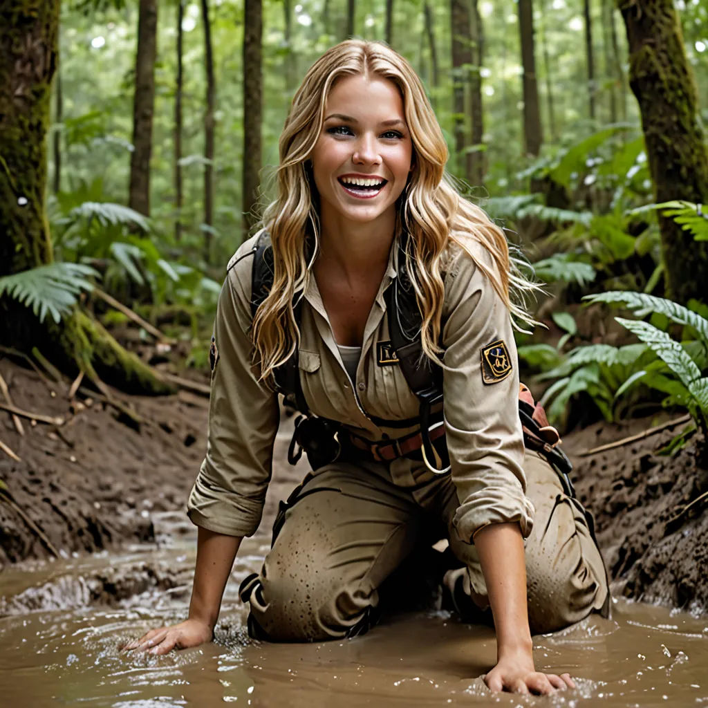 a woman in a forest kneeling down in a muddy area of water with trees in the background and a forest floor, naturalism, a character portrait, Bettina Heinen-Ayech, promotional image