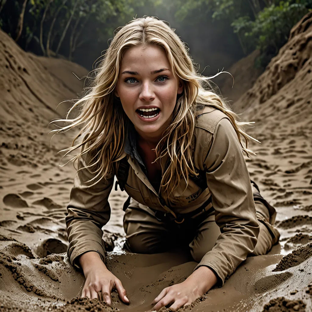a woman is laying in the sand with her mouth open and eyes wide open, with her hands in the sand, naturalism, a poster, Bettina Heinen-Ayech, promotional image