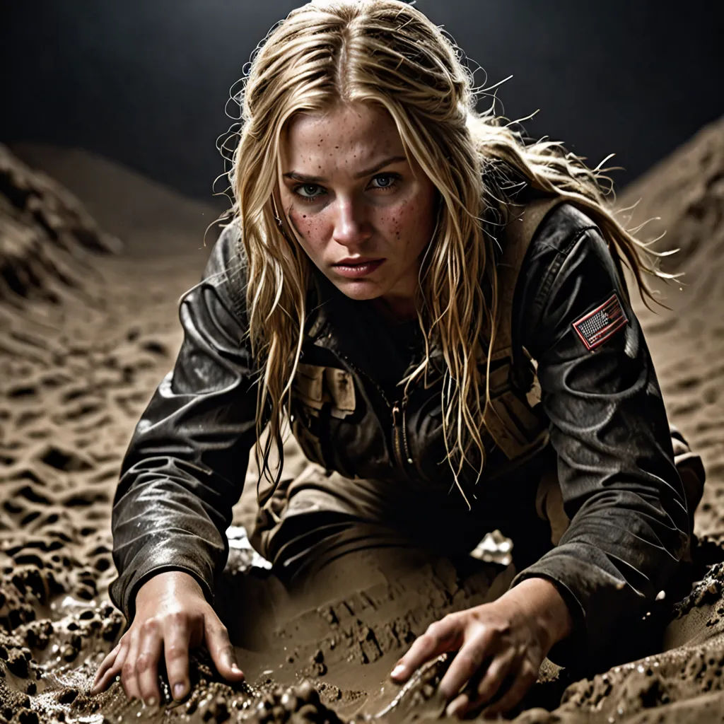 a woman in a leather jacket is sitting in the sand and looking at the camera with a serious look on her face, antipodeans, a poster, Dirk Crabeth, promotional image