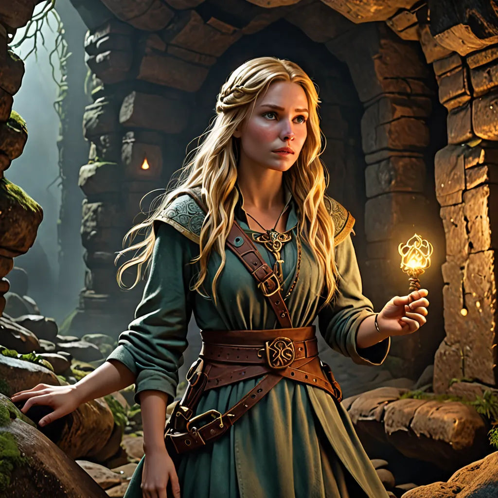 a woman in a green dress holding a light bulb in her hand in a cave with rocks and trees, fantasy art, computer graphics, Clint Cearley, unreal engine render