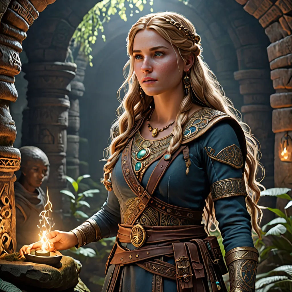 a woman in a medieval outfit holding a lit candle in a stone archway with a man in the background, fantasy art, computer graphics, Clint Cearley, magic the gathering artwork