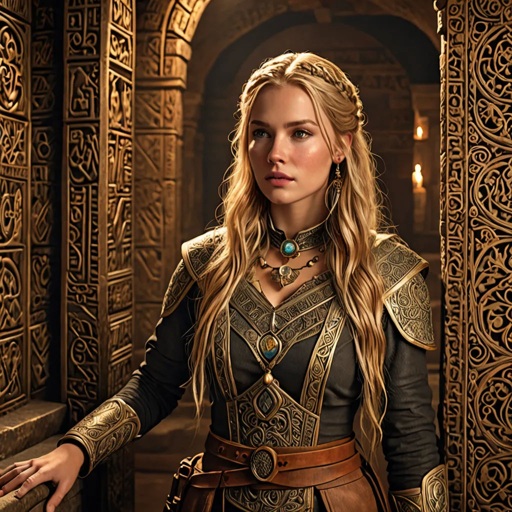 a woman in a medieval outfit standing in a hallway with a stone wall and a gold and black background, fantasy art, a character portrait, Araceli Gilbert, promotional image