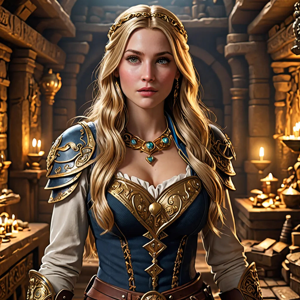 a woman in a medieval costume standing in a room with candles and a clock on the wall behind her, fantasy art, computer graphics, Alex Horley-Orlandelli, rossdraws global illumination