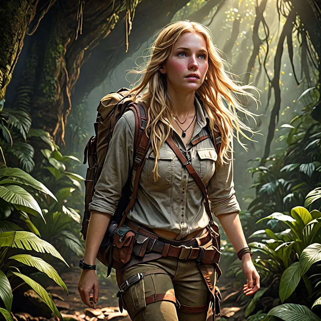 a woman in a jungle with a backpack on walking through the jungle with a light shining on her face, photorealism, a detailed matte painting, Ada Hill Walker, imax 70 mm footage