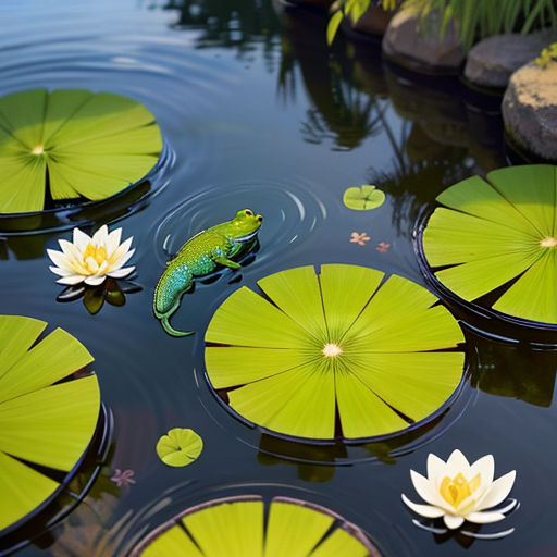 a frog fishing on a lily flower boat in a rgb lake nebula - Playground