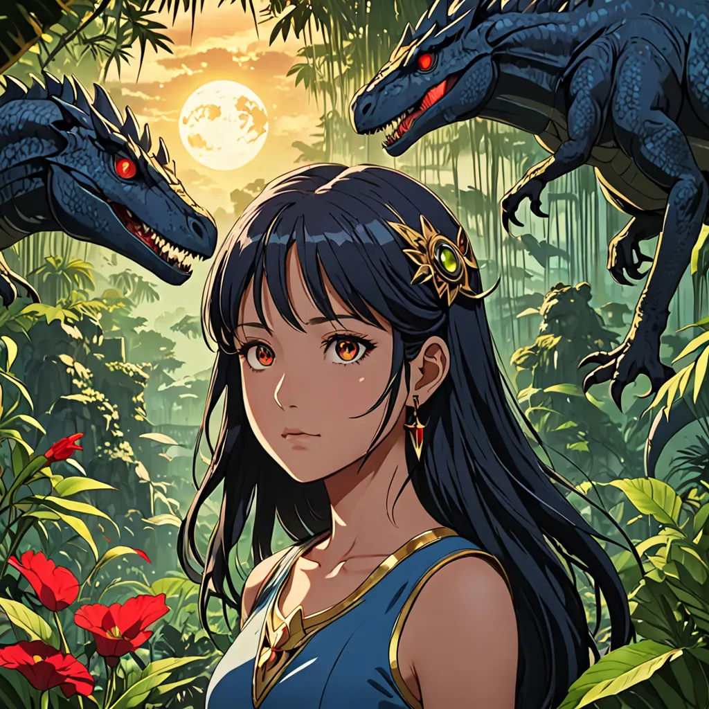 a woman in a blue dress standing in front of a dragon and a girl in a blue dress with a gold necklace, fantasy art, a character portrait, Abidin Dino, official art