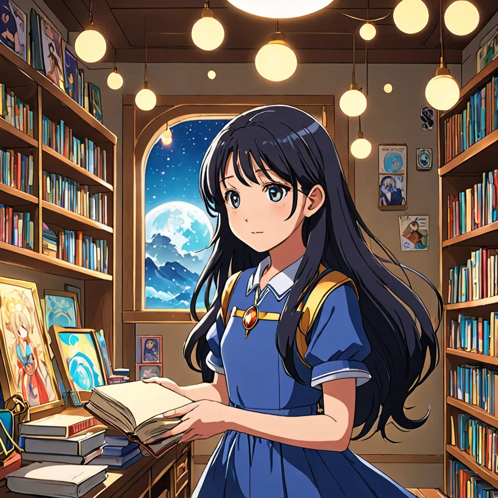 a girl in a library reading a book with a full moon in the background and a window with a sky, rayonism, poster art, Ayako Rokkaku, official art