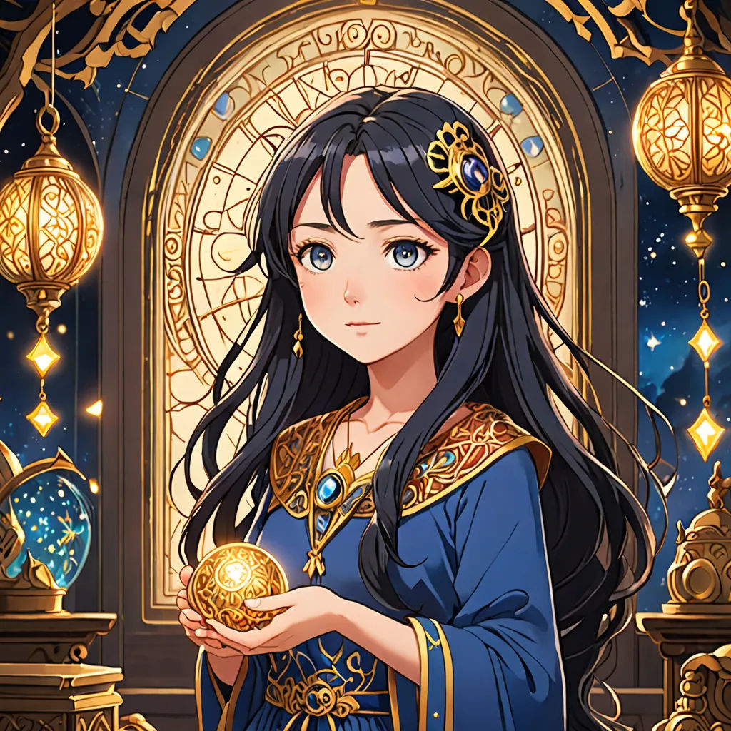 a woman in a blue dress holding a golden ball in her hand and a clock in the background with a window behind her, space art, a character portrait, Ayako Rokkaku, official art