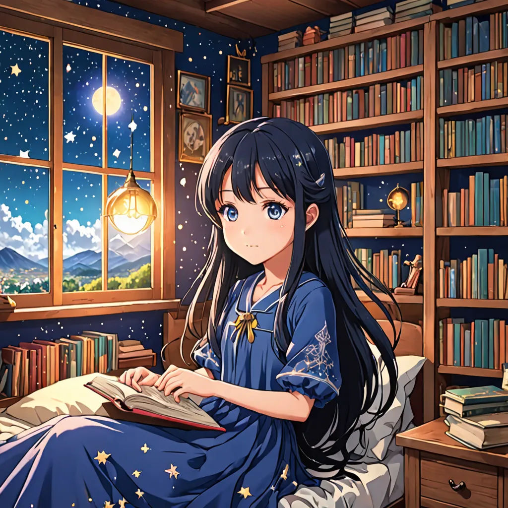 a girl sitting on a bed reading a book in a room with a window and a book shelf full of books, remodernism, a storybook illustration, Chizuko Yoshida, official art