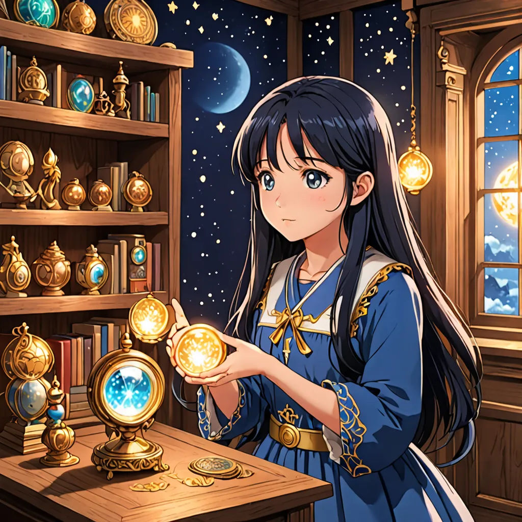 a girl in a blue dress holding a golden clock in a room with a window and shelves full of books, aestheticism, a detailed painting, Ayako Rokkaku, official art