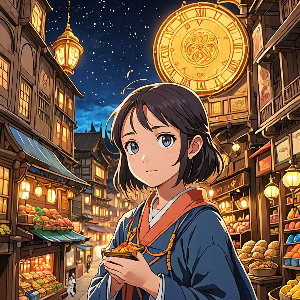 a woman standing in front of a store with a clock on the wall above her head and a street with a market in the background, fantasy art, concept art, Chizuko Yoshida, official art