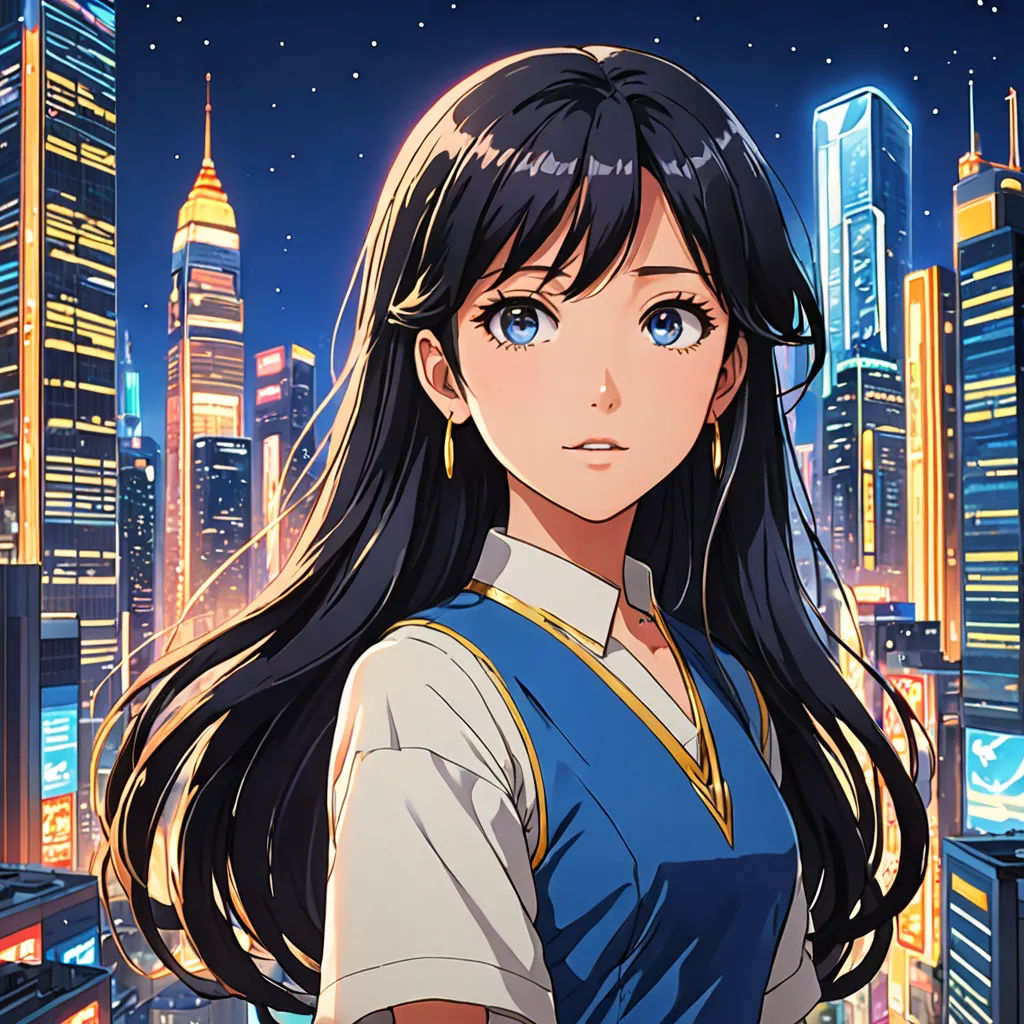 a woman in a blue dress standing in front of a cityscape at night with a cityscape in the background, lyco art, a character portrait, Chizuko Yoshida, anime key visual