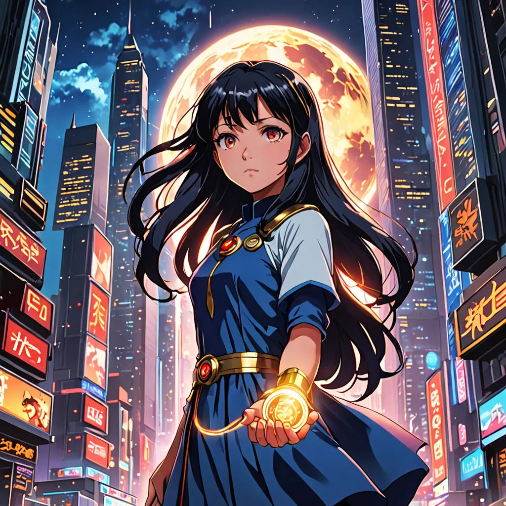 a woman in a blue dress standing in front of a city at night with a full moon in the background, space art, poster art, Aya Goda, anime key visual