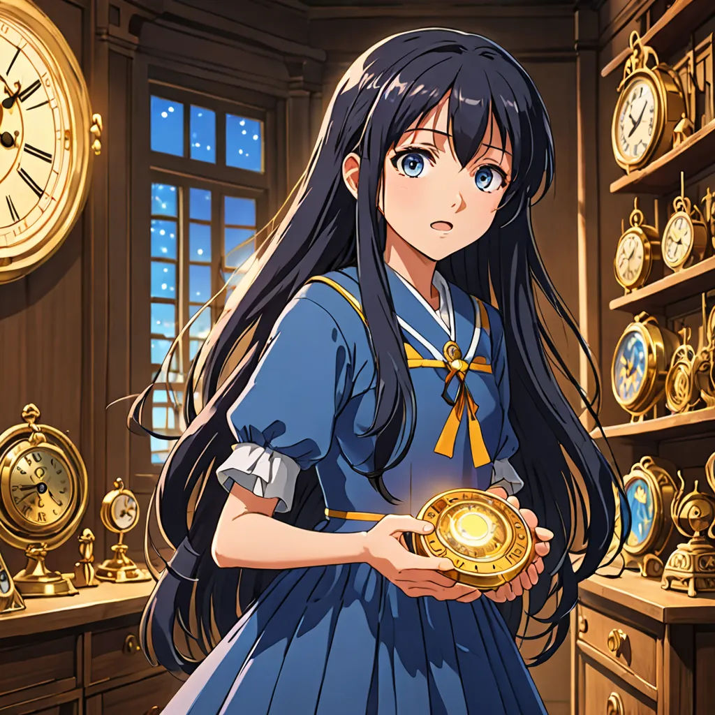a girl in a blue dress holding a gold plate in a room with clocks on the wall and a shelf with clocks on the wall, aestheticism, a character portrait, Anne Said, official art