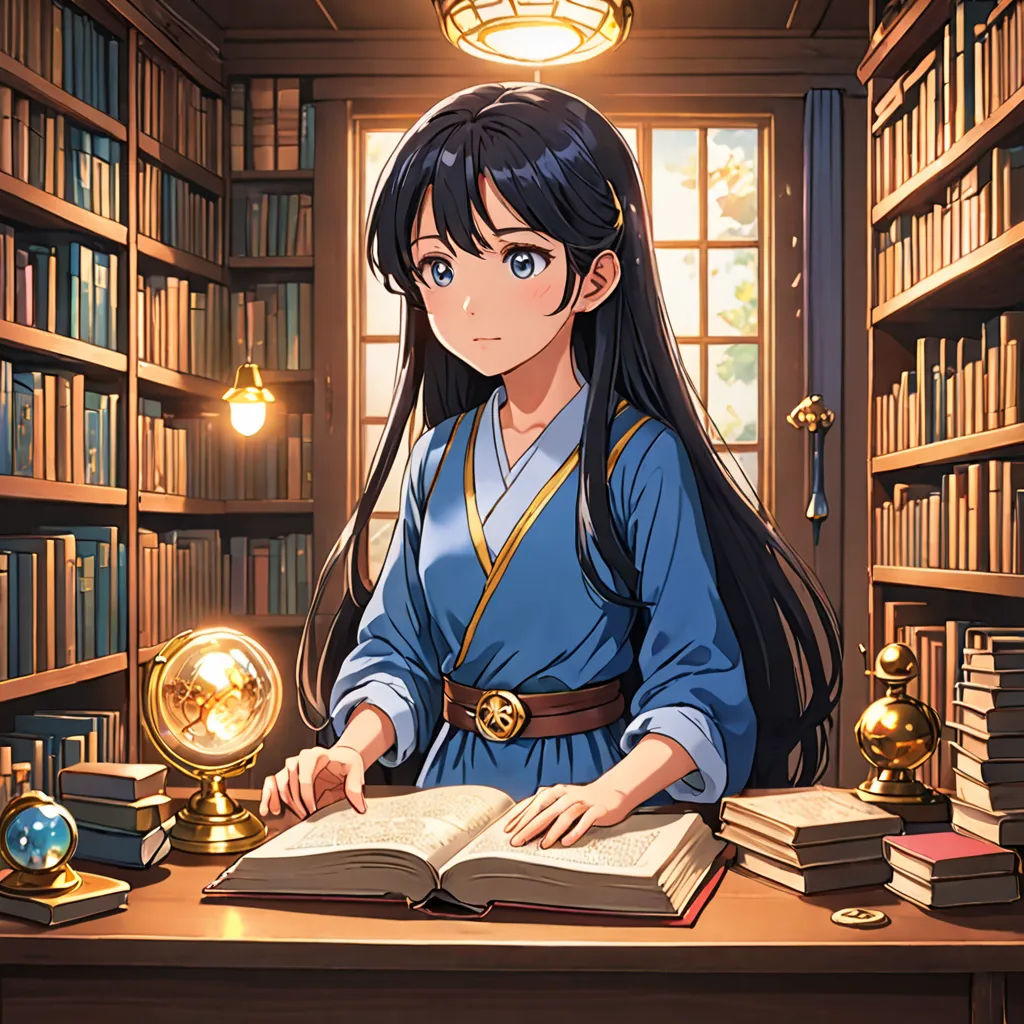 a woman sitting at a desk with a book in front of her and a globe on the table in front of her, remodernism, a character portrait, Aguri Uchida, official art