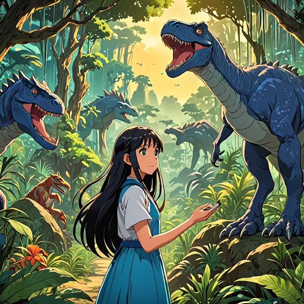 a girl in a blue dress standing in front of a dinosaur in a forest with other dinosaurs in the background, serial art, poster art, Adam Rex, official art