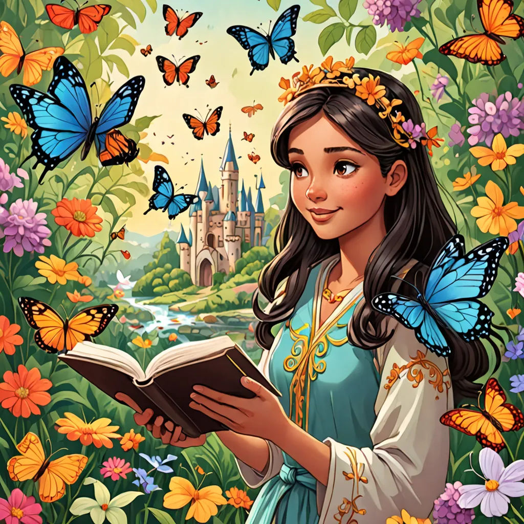 a girl reading a book in a field of flowers and butterflies with a castle in the background and butterflies around her, a storybook illustration, kinkade, fantasy art, Audrey Kawasaki