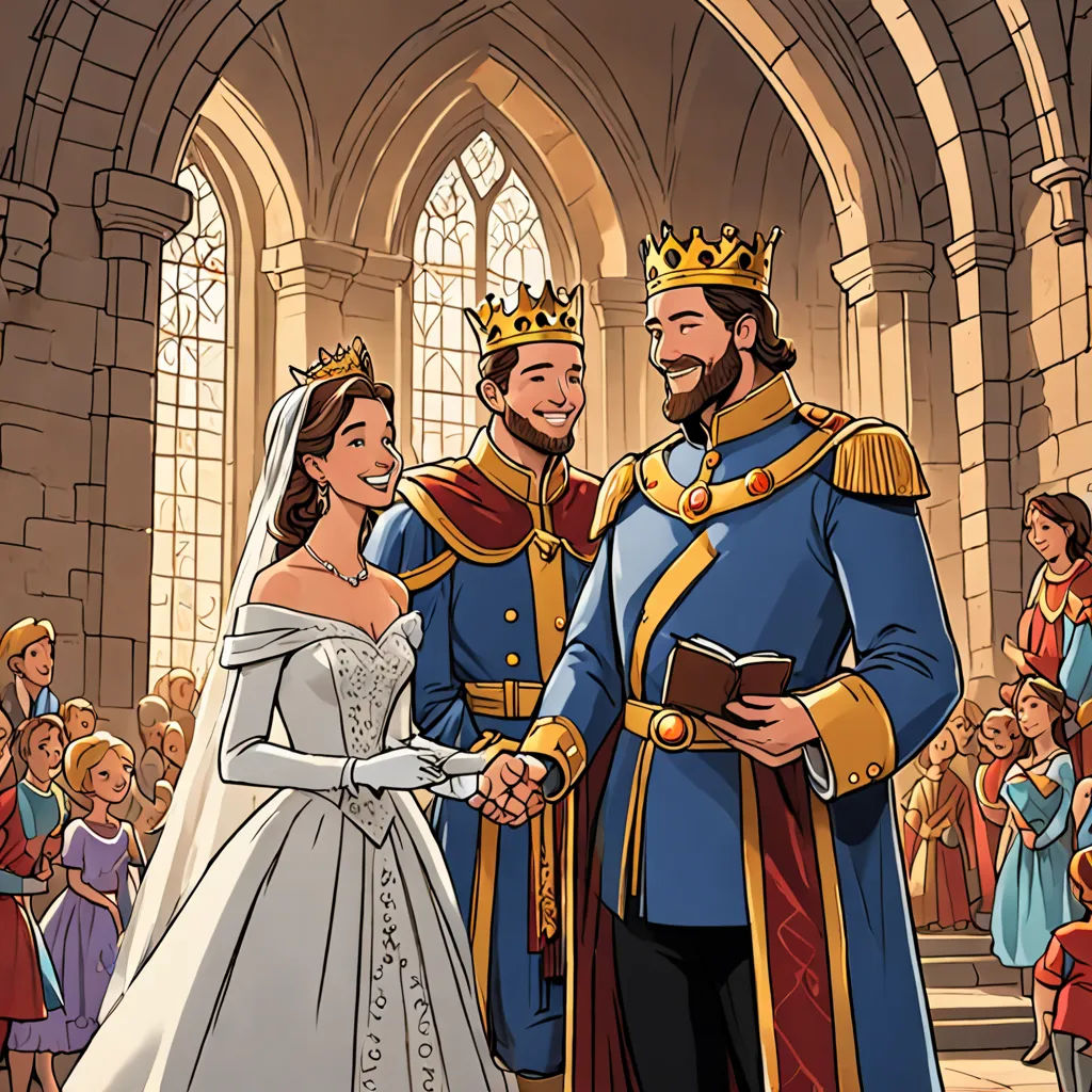 a cartoon of a couple dressed in medieval clothing standing next to each other in front of a crowd of people, a storybook illustration, official art, sots art, disney