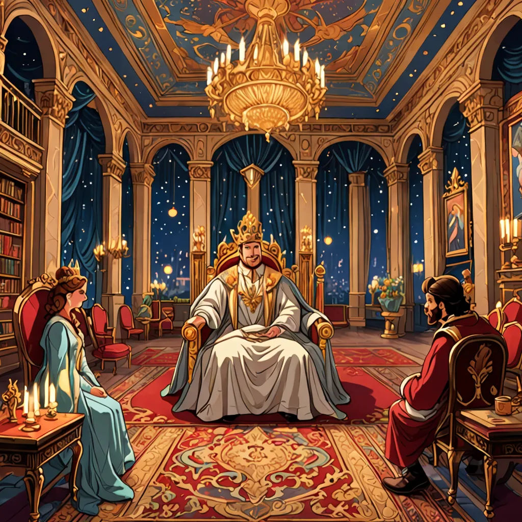 a painting of a man sitting in a chair in a room with other people sitting around him and a chandelier hanging from the ceiling, a storybook illustration, storybook illustration, fantasy art, Christophe Vacher
