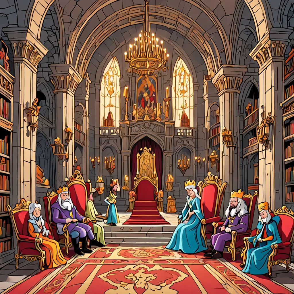 a cartoon of a group of people sitting in a library together in chairs and a rug with a red carpet, a storybook illustration, storybook illustration, fantasy art, Carl Barks