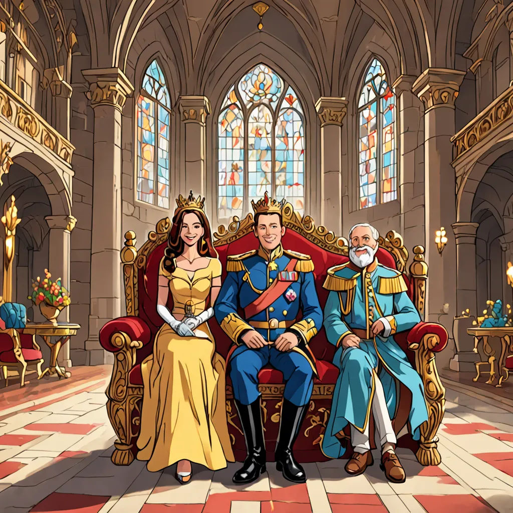 a cartoon of a man and woman sitting on a throne in a palace with a man in a blue suit, a storybook illustration, official art, sots art, disney