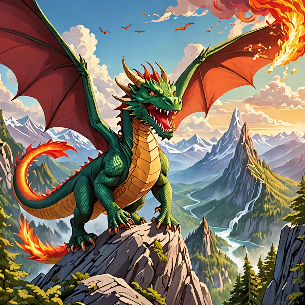 a dragon is standing on a rock with a fire in its mouth and a mountain in the background with a sky and clouds, a storybook illustration, dragon art, fantasy art, Chris LaBrooy