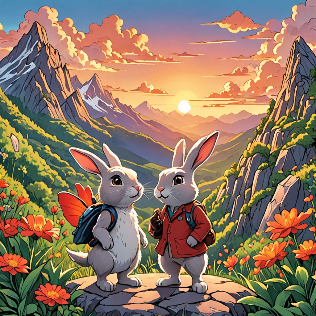 two rabbits are standing on a rock in the mountains with a backpack on their backs and a sunset in the background, a storybook illustration, official art, furry art, Dan Mumford