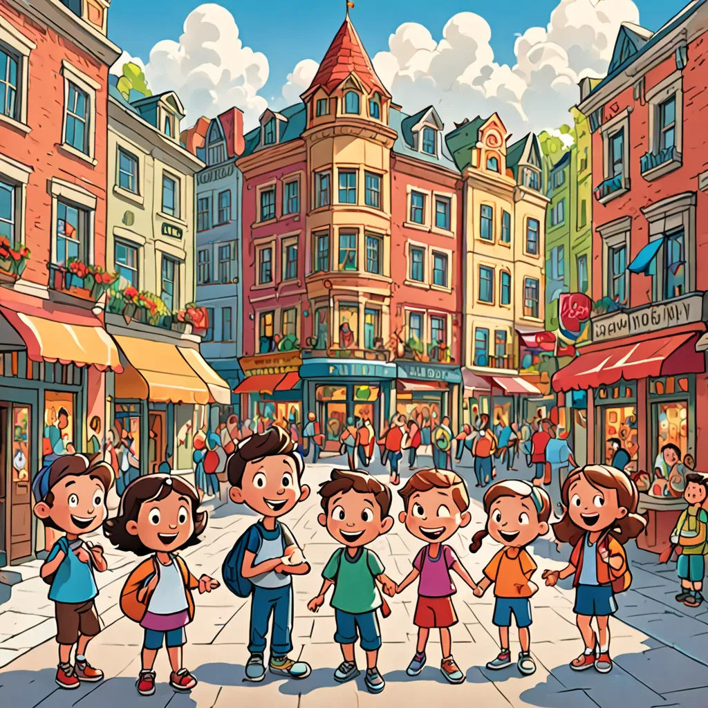 a group of children standing in front of a store front in a city street with a crowd of people, a storybook illustration, storybook illustration, paris school, Diego Gisbert Llorens