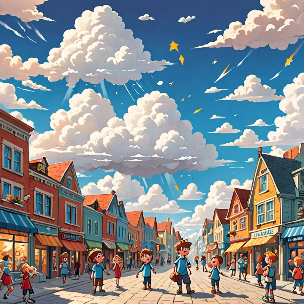 a painting of a town with people walking down the street and clouds in the sky above them and a person holding a bag, a storybook illustration, blue sky, naive art, Chris LaBrooy