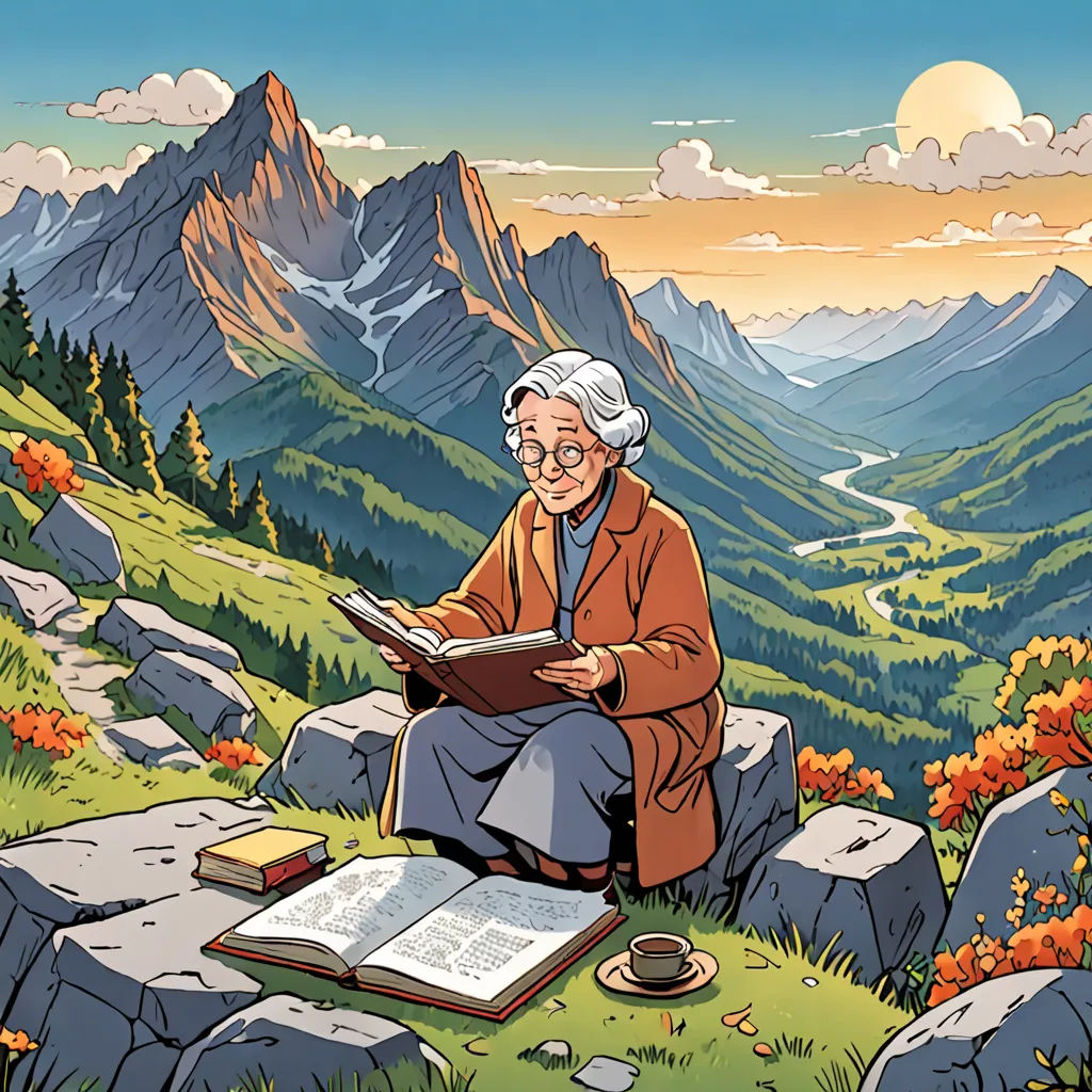 a man sitting on a rock reading a book in the mountains with a book open on it's lap, a storybook illustration, storybook illustration, academic art, Colin Middleton