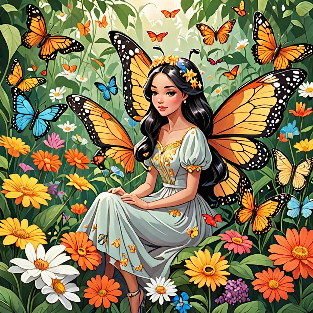a woman in a white dress sitting on a flower field with butterflies around her and a butterfly in her hair, a storybook illustration, kinkade, fantasy art, Anne Stokes