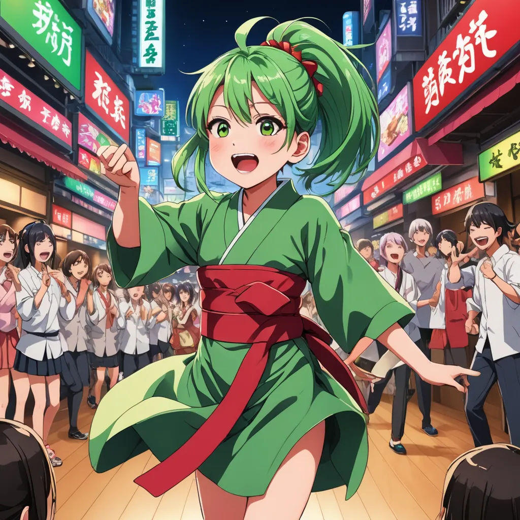 a woman in a green dress dancing in a crowded street with people watching her in the background and a crowd of people standing around her, context art, concept art, Aya Goda, official art