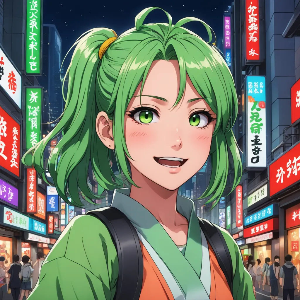 a woman with green hair and green eyes standing in front of a city street at night with neon signs, sots art, a character portrait, Aya Goda, official art